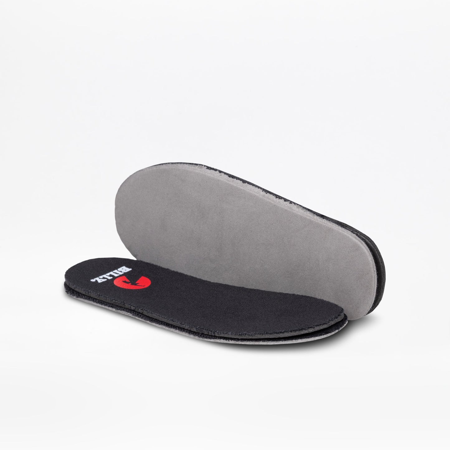 Two black and gray removable insoles for the Night Sk8ter BILLY Classic D|R II High by BILLY Footwear are shown on a white background, with one lying flat displaying text and red logo, the other tilted to reveal a gray underside—suitable for AFO-friendly shoes.