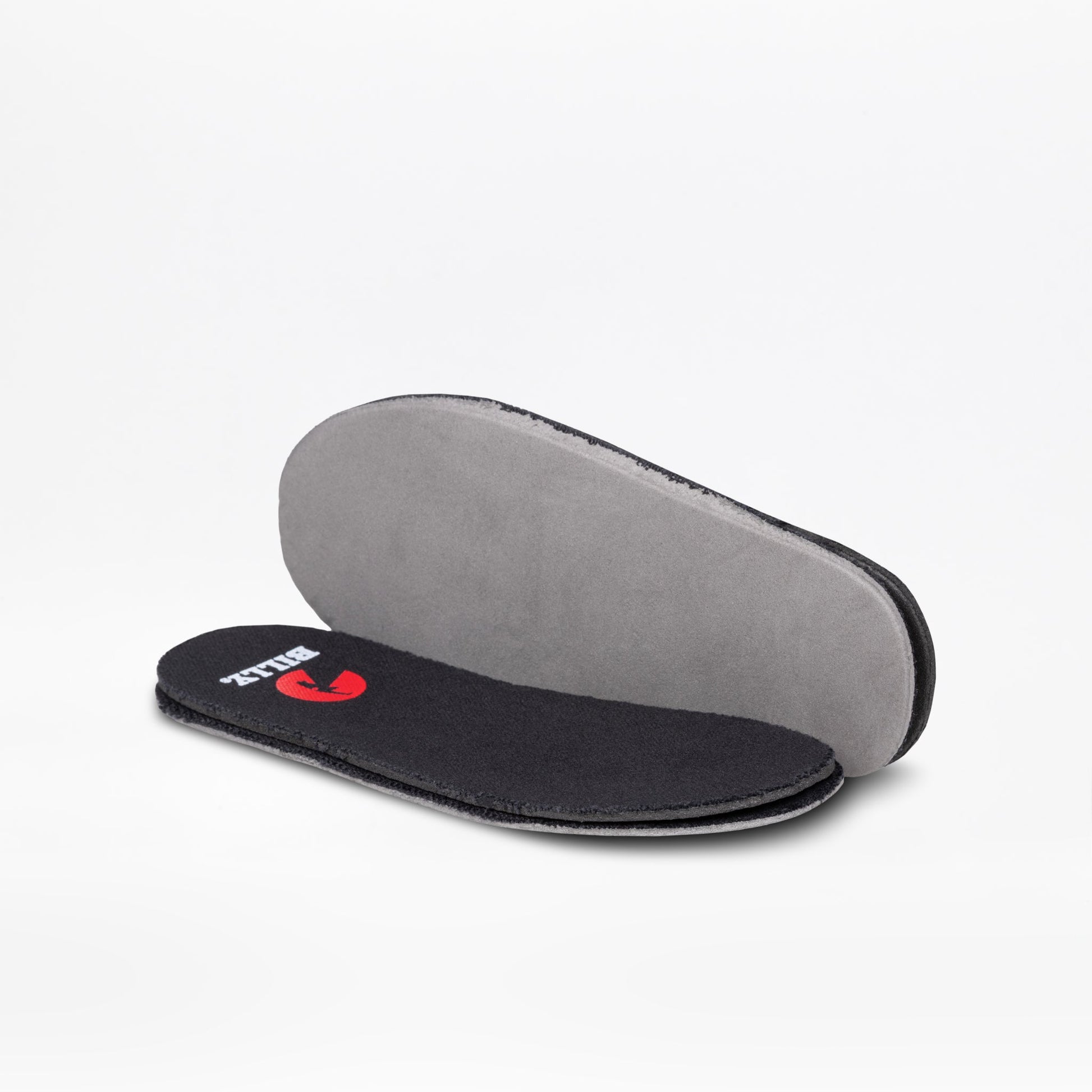 Two black and gray removable insoles for the Night Sk8ter BILLY Classic D|R II High by BILLY Footwear are shown on a white background, with one lying flat displaying text and red logo, the other tilted to reveal a gray underside—suitable for AFO-friendly shoes.