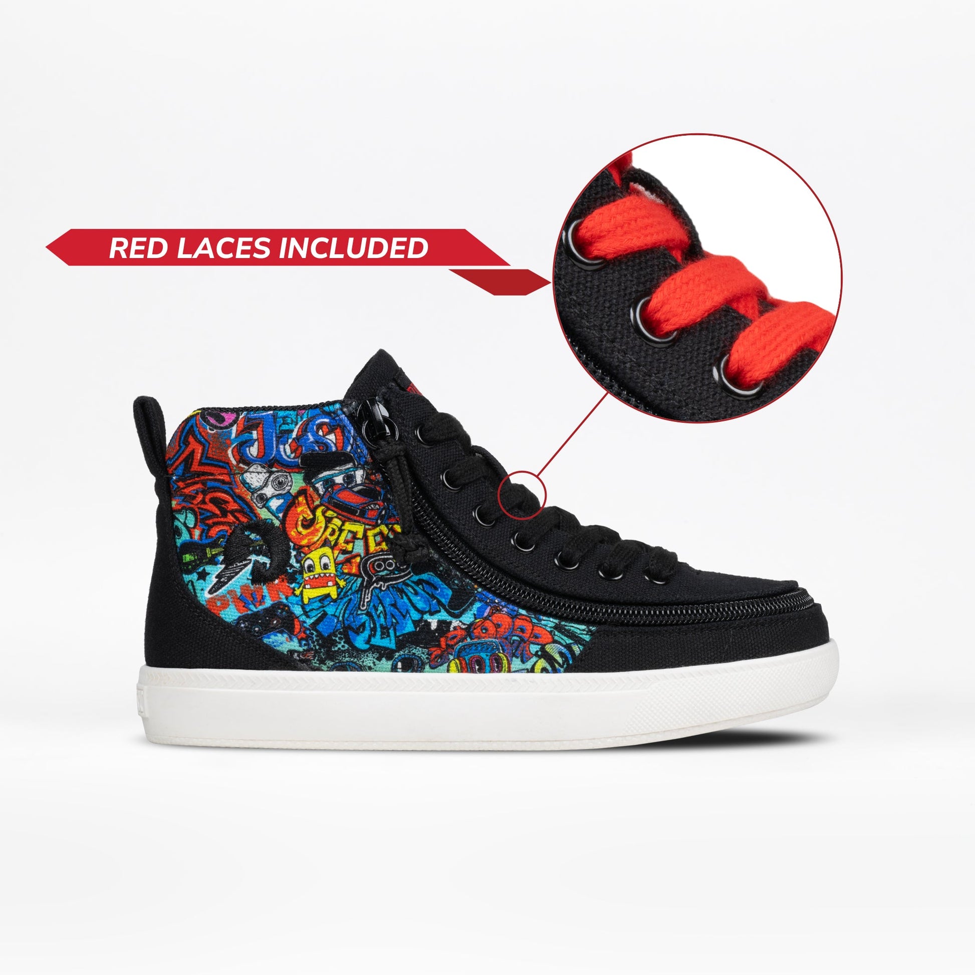 The BILLY Footwear Night Sk8ter BILLY Classic D|R II High is a black high-top sneaker with graffiti designs, a white sole, and AFO-friendly custom fit. Red laces included; close-up shows the vibrant shoelaces.