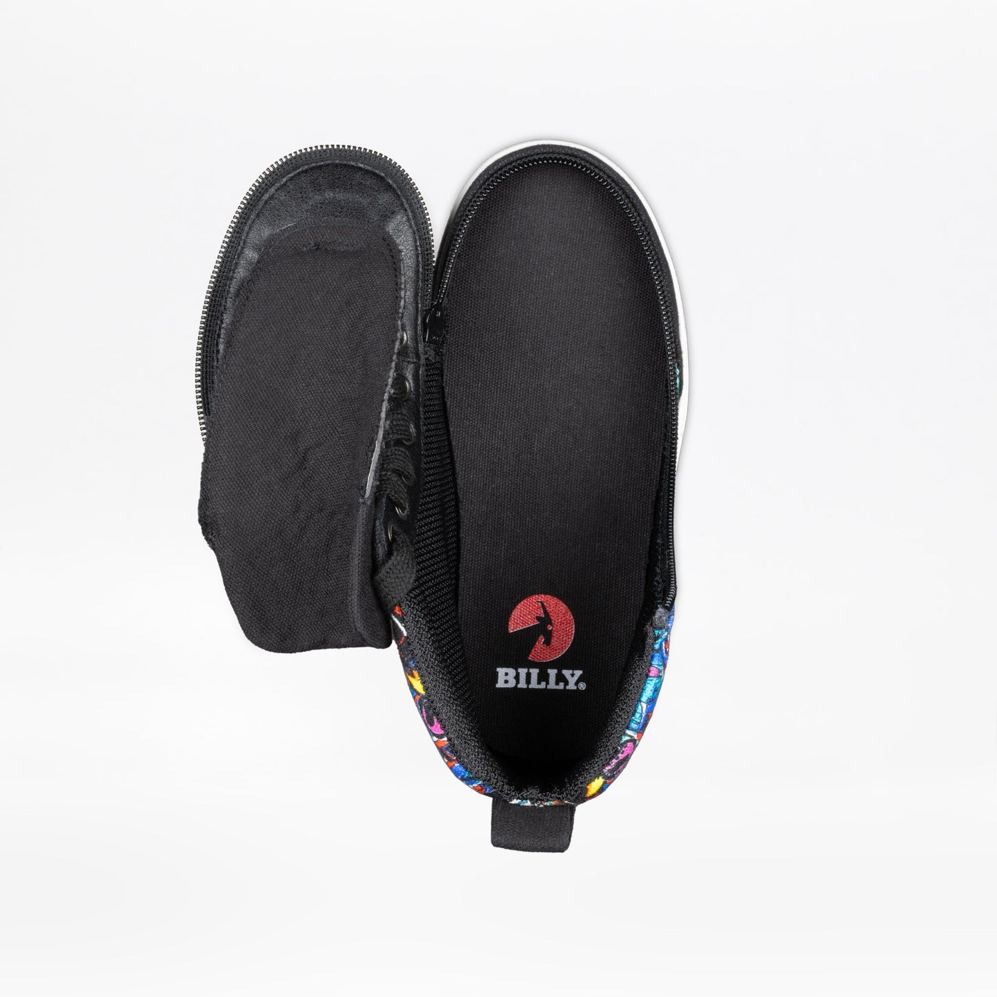 The BILLY Footwear Night Sk8ter BILLY Classic D|R II High is a black AFO-friendly slip-on with a colorful trim and a top zipper revealing the red BILLY logo on the insole. The shoe appears against a white background.