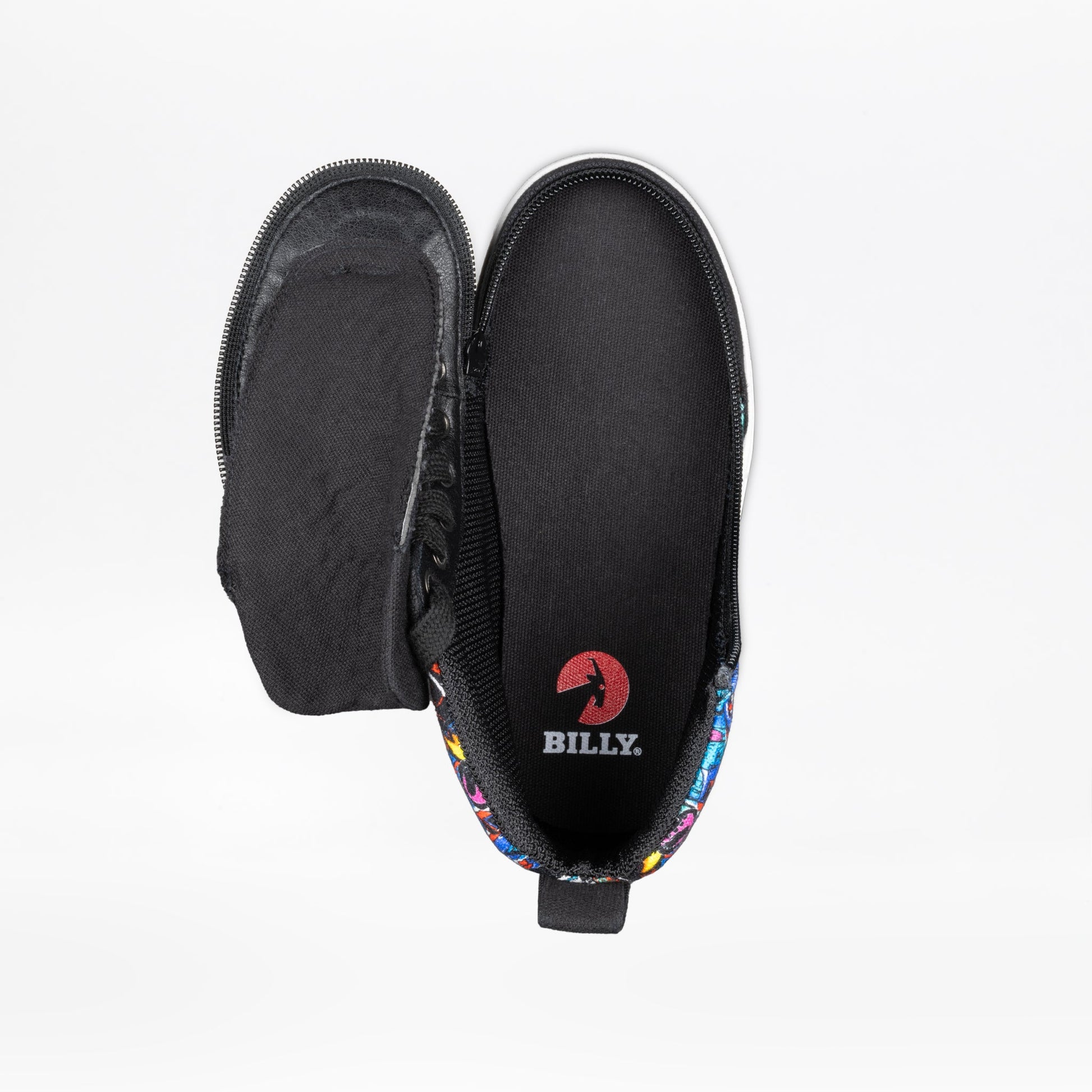 The BILLY Footwear Night Sk8ter BILLY Classic D|R II High is a black AFO-friendly slip-on with a colorful trim and a top zipper revealing the red BILLY logo on the insole. The shoe appears against a white background.