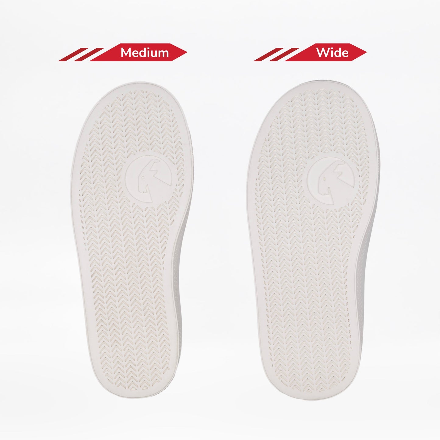 Two white shoe soles are displayed side by side on a white background: the left is Medium, the right is Wide, showing the width difference in the Wicked Black Glitz BILLY CS High by BILLY Footwear.