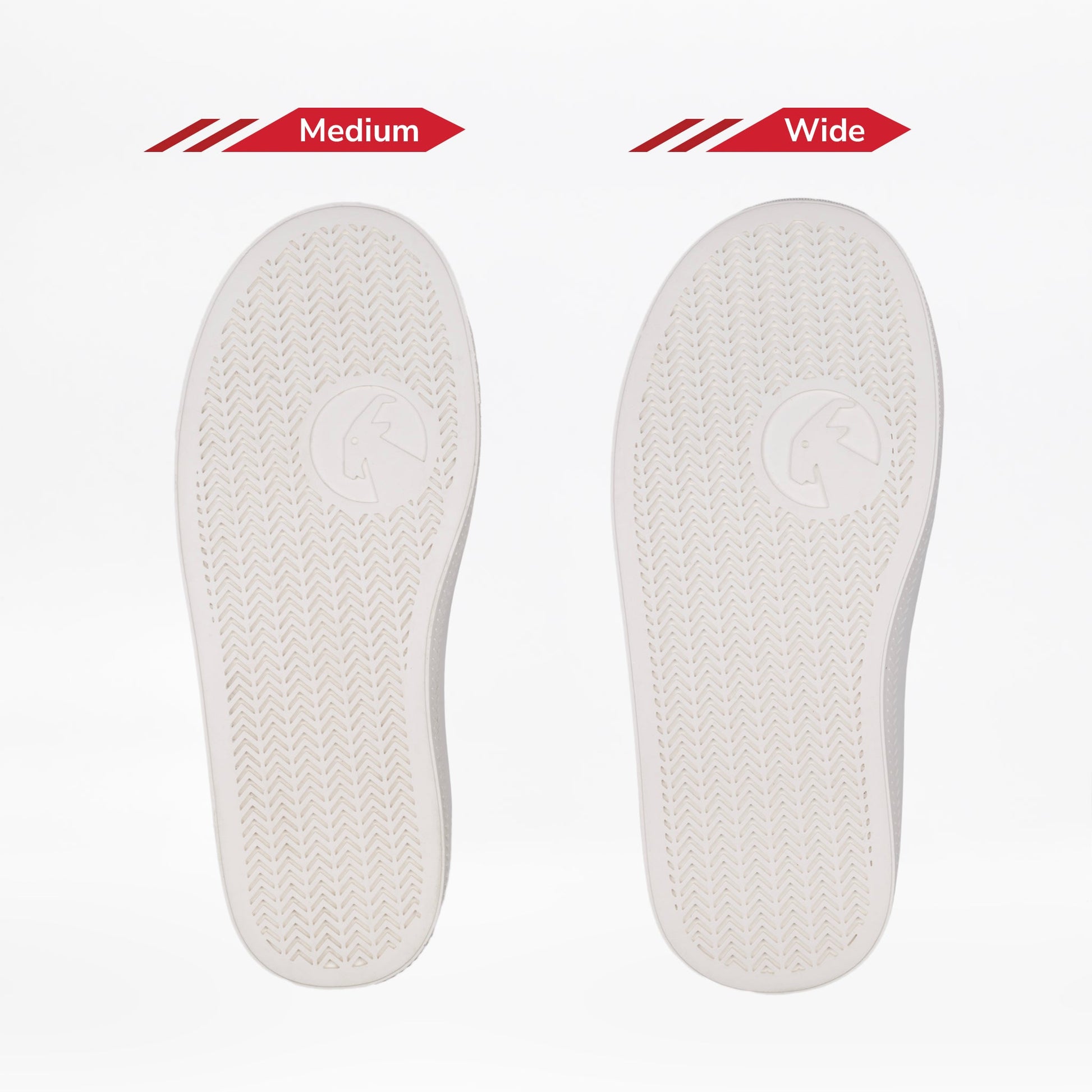 Two white shoe soles are displayed side by side on a white background: the left is Medium, the right is Wide, showing the width difference in the Wicked Black Glitz BILLY CS High by BILLY Footwear.