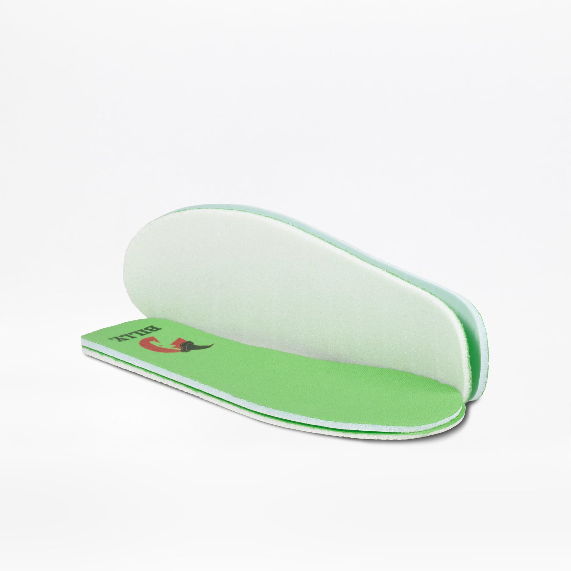 A pair of green foam insoles, one stacked on top of the other. The top insole displays a small red chili pepper and "BALL" near the heel—ideal for kids’ BILLY Footwear Wicked Black Glitz BILLY CS High sneakers.