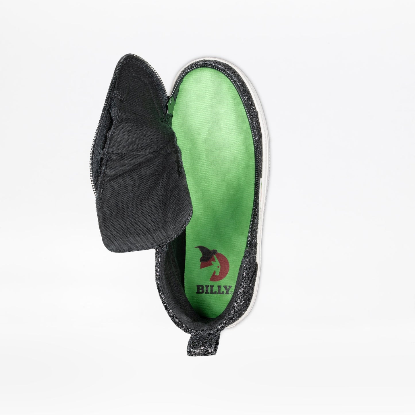 A single Wicked Black Glitz BILLY CS High from BILLY Footwear, featuring a Full Wrap Zipper, is open at the top to show a bright green insole with "BILLY" and red logo, photographed overhead on a white background.