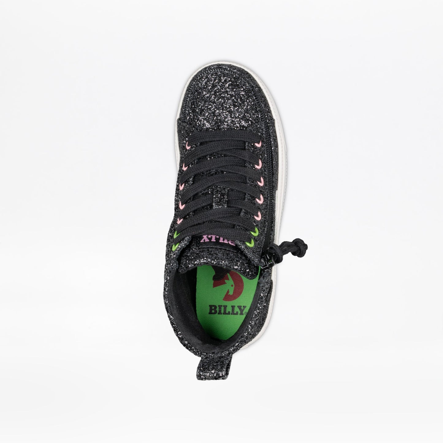 Top view of the Wicked Black Glitz BILLY CS High kids sneaker by BILLY Footwear, featuring black laces, pink and green eyelets, a green insole labeled "BILLY Full Wrap Zipper," on a plain white background.