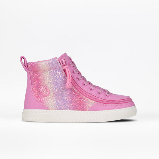 The Pink Glitz BILLY Classic Lace High by BILLY Footwear is a kids’ high top sneaker with glittery pastel panels, pink laces, white sole, pull tab, and a wraparound zipper for easy on/off.