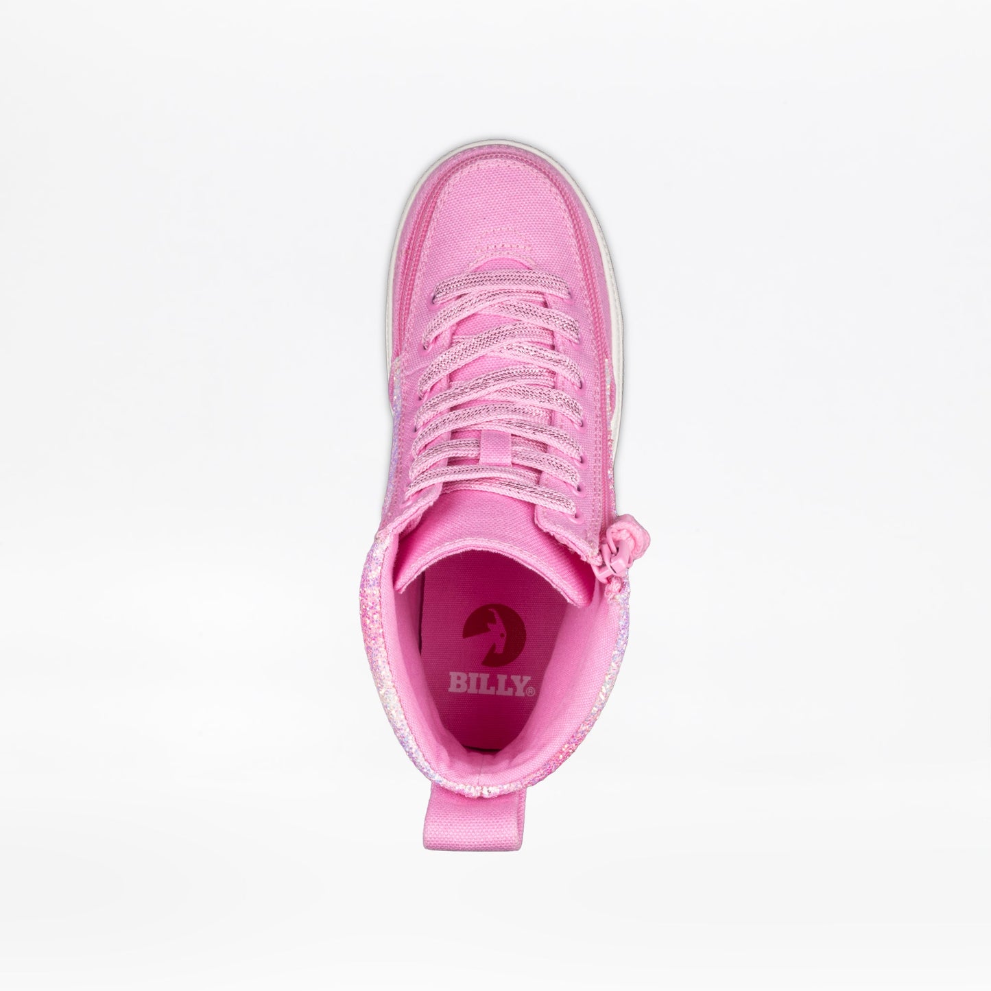 Top view of a Pink Glitz BILLY Classic Lace High kids sneaker by BILLY Footwear, featuring laces, a wraparound zipper, and BILLY branding on the insole, shown against a white background.