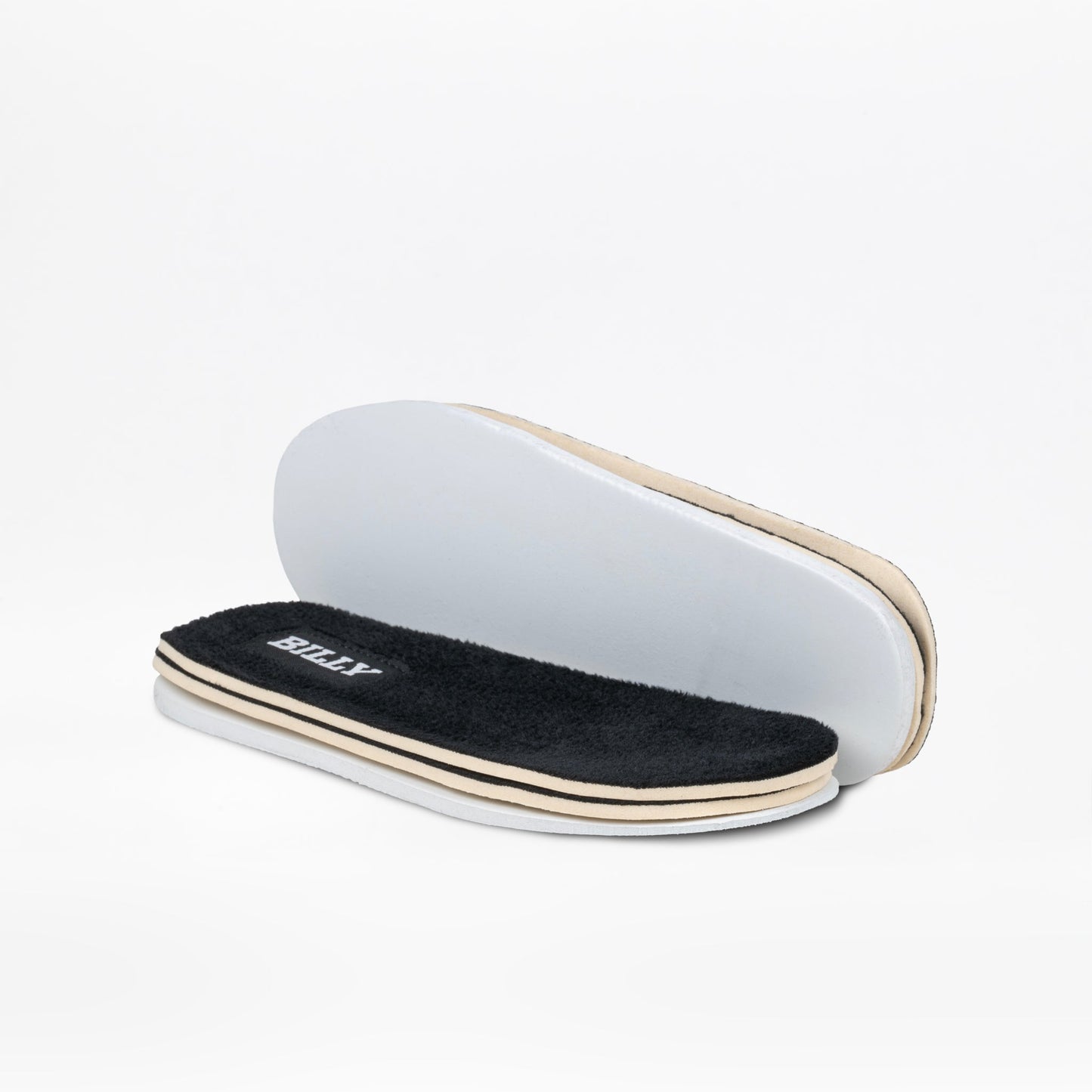 White shoe insole with black lining on a white background