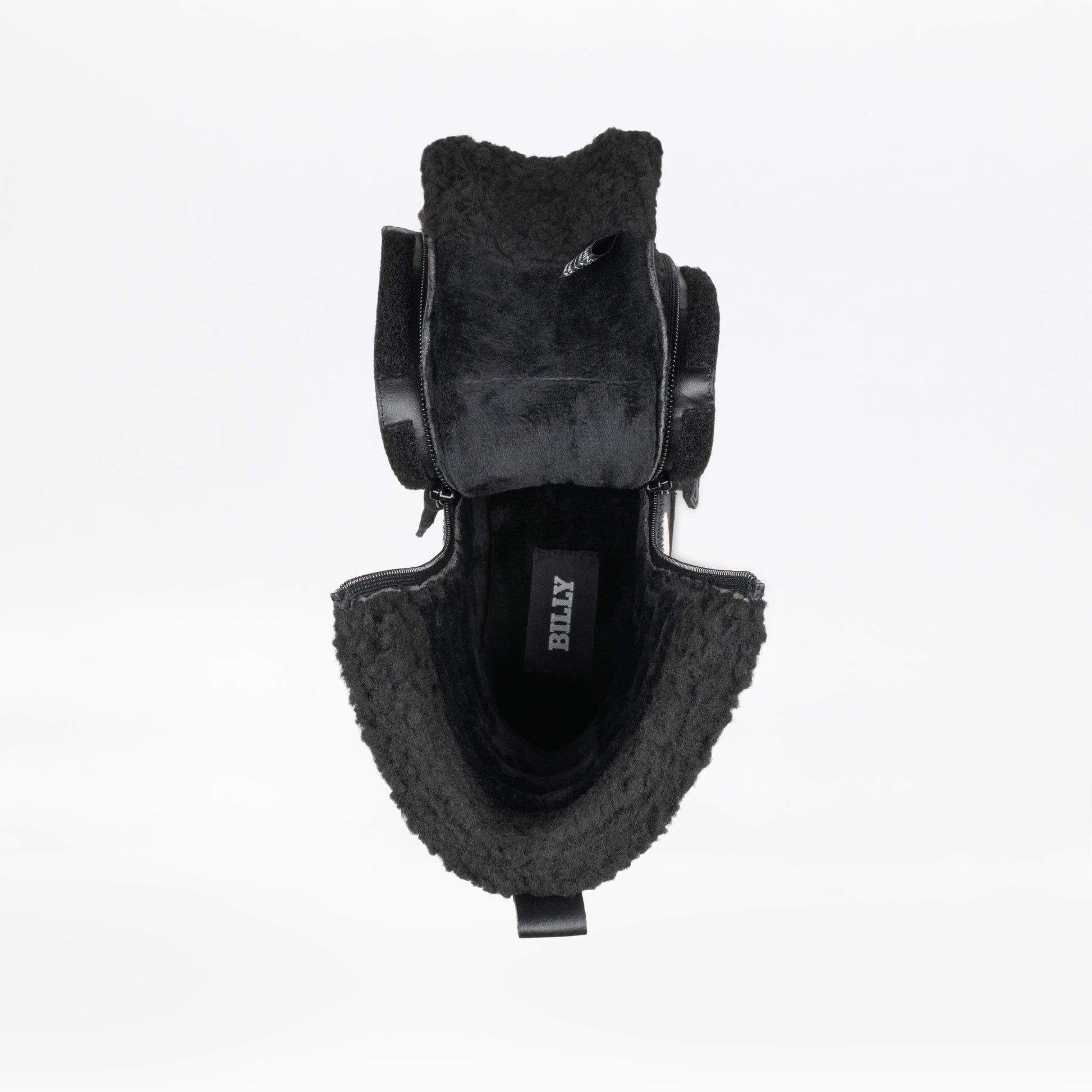 Black shoe with textured sole and visible brand logo on a white background