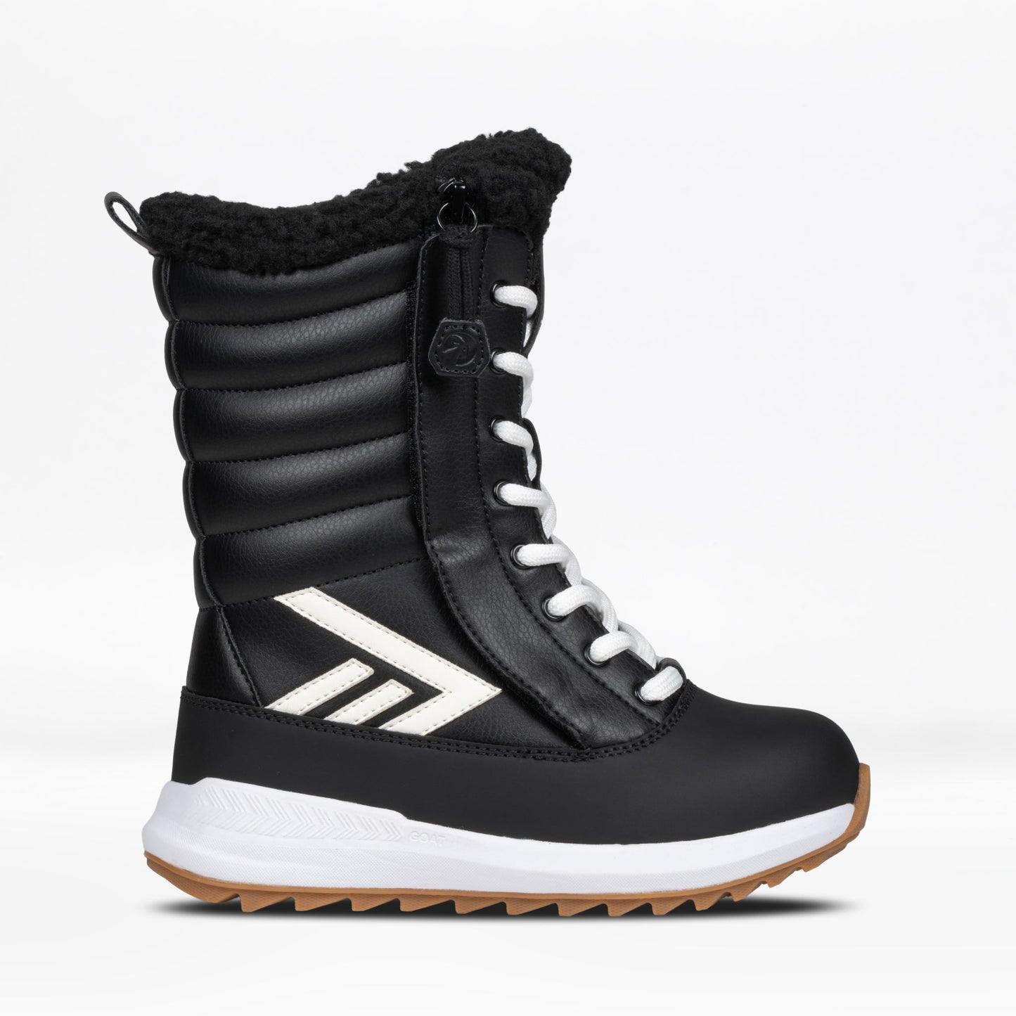 Black winter boot with white laces and sole on a light gray background