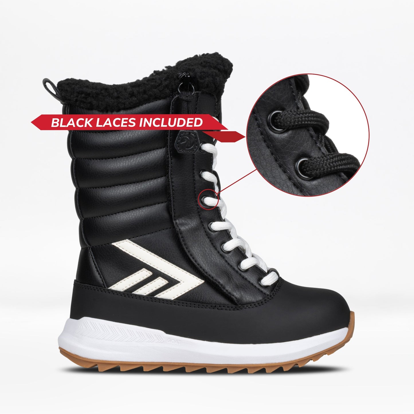 Black winter boot with white laces and sole, featuring a close-up of black laces included text.