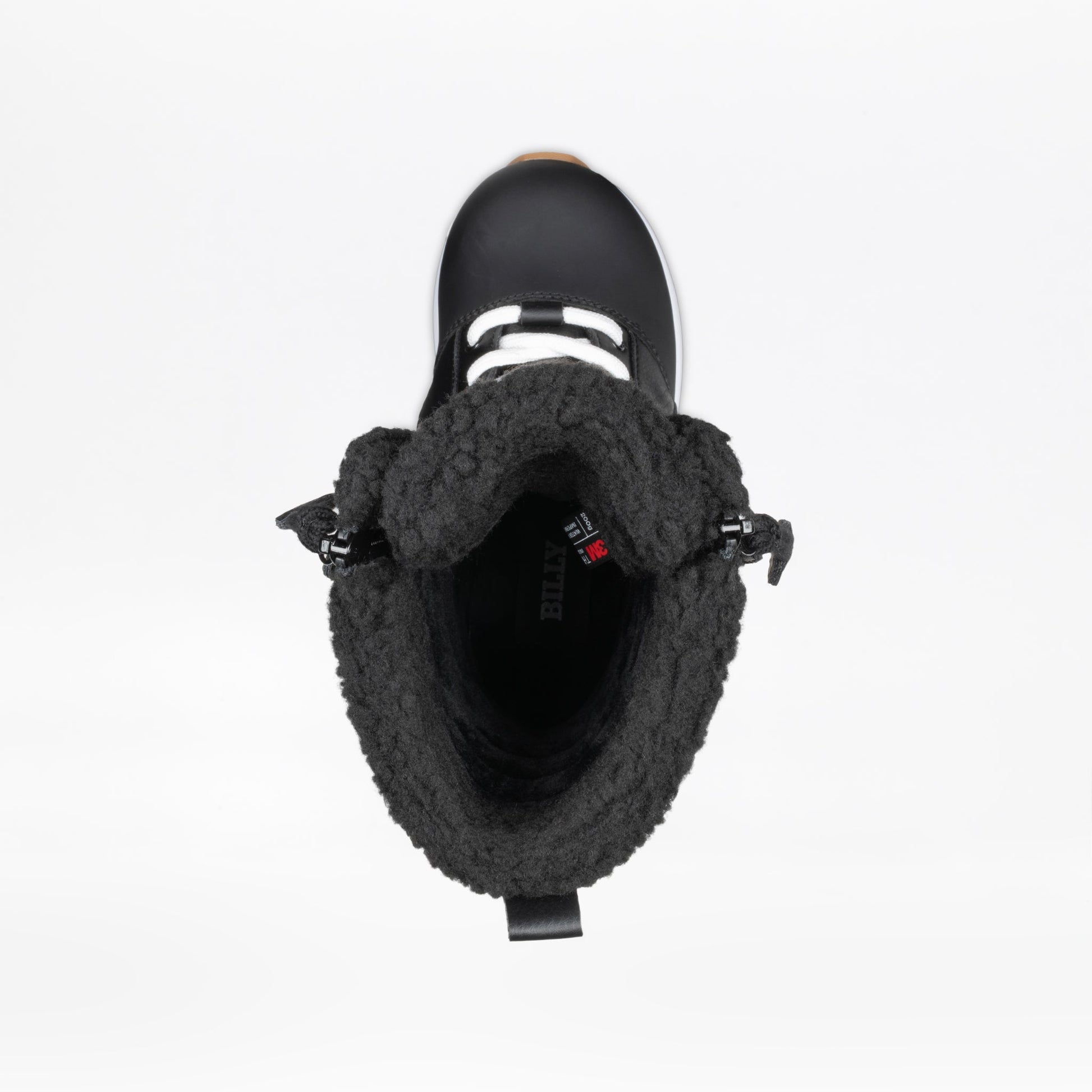 Black winter boot with fuzzy lining on a white background