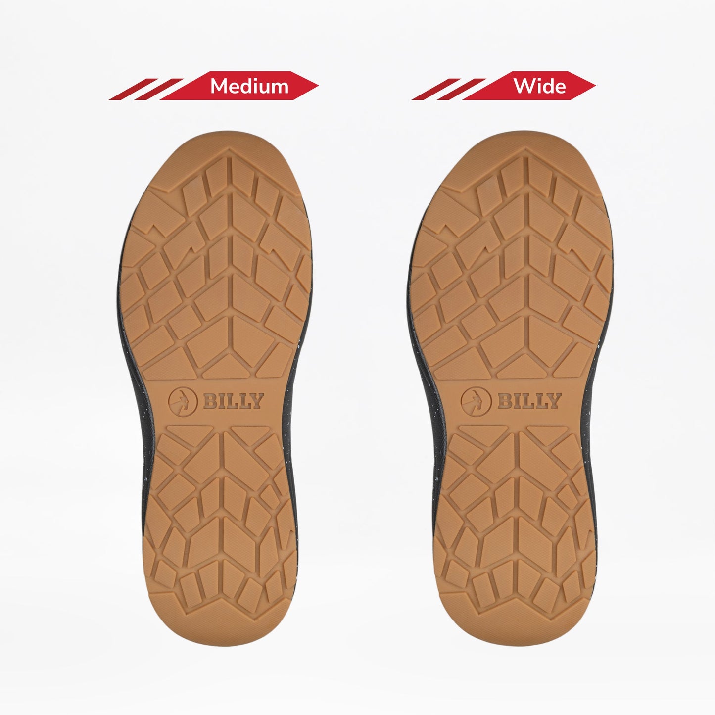 Two soles from the Men's Black/Black/Gum BILLY Sport Inclusion DZ1 by BILLY Footwear are side by side on a white background: left labeled Medium, right labeled Wide. Both have similar tread patterns and "BILLY" printed in the arch area.