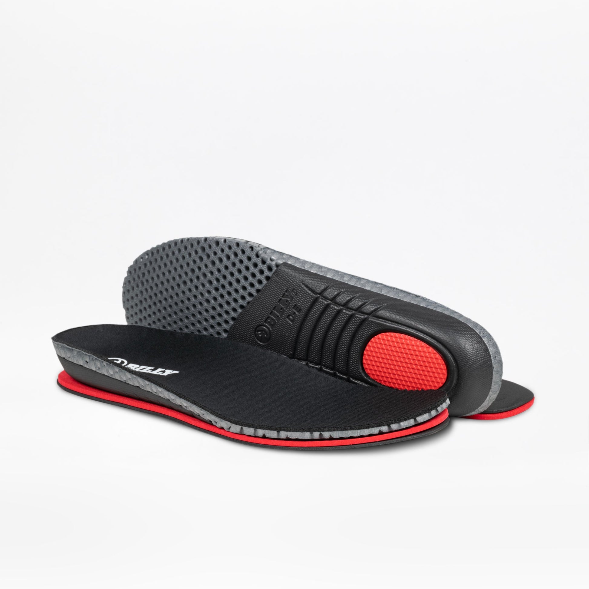 Two Men's Black/Black/Gum BILLY Sport Inclusion DZ1 insoles by BILLY Footwear are displayed on a white background—one flat to show the top, the other propped to highlight its textured, cushioned underside.
