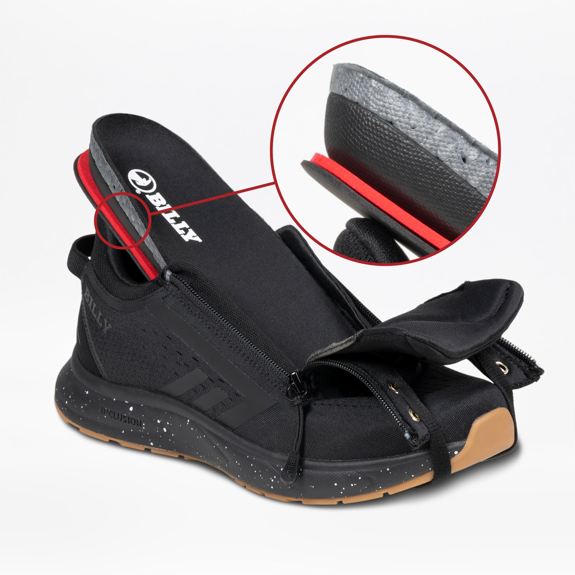 The BILLY Footwear Men's Black/Black/Gum BILLY Sport Inclusion DZ1 sneaker features a wide fit, a partially open zipper showing its removable insole, with a circular inset magnifying the insole’s layered design and texture.