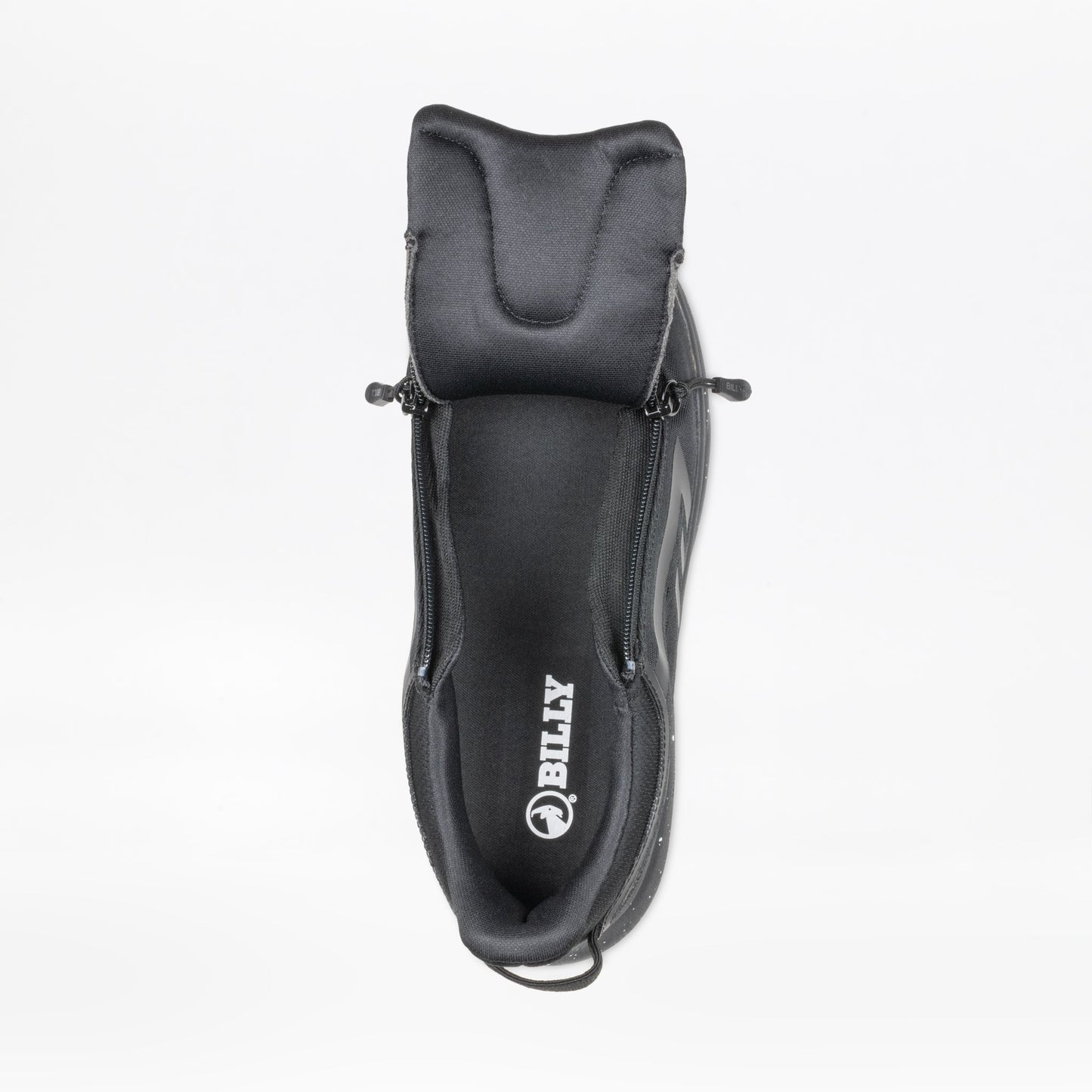 Top view of the Men's Black/Black/Gum BILLY Sport Inclusion DZ1 from BILLY Footwear, showing double zippers unzipped to reveal the interior and brand logo, all set against a white background.