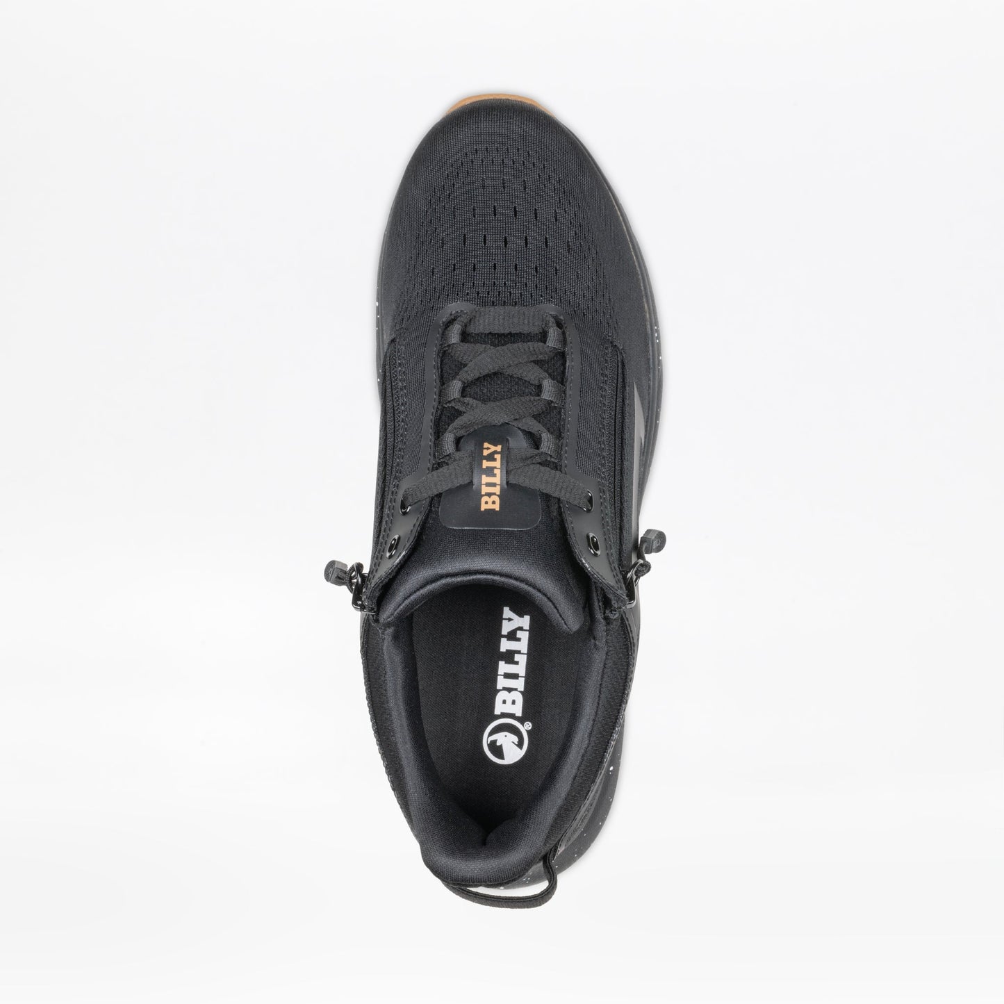 Top view of the Men's Black/Black/Gum BILLY Sport Inclusion DZ1 sneaker by BILLY Footwear. This wide-width shoe features double side zippers and has "BILLY" on the tongue and insole. The background is white.