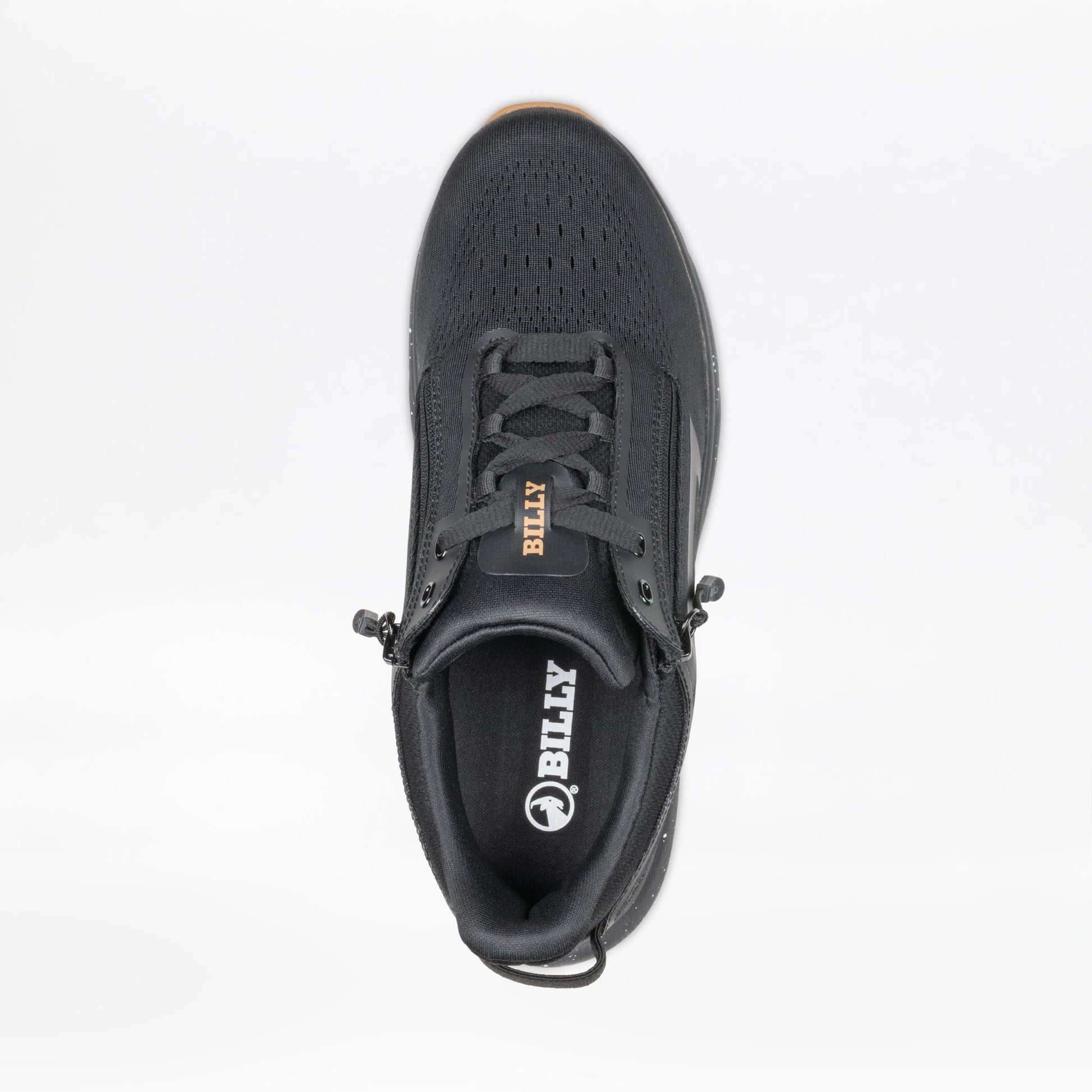 Top view of the Men's Black/Black/Gum BILLY Sport Inclusion DZ1 sneaker by BILLY Footwear. This wide-width shoe features double side zippers and has "BILLY" on the tongue and insole. The background is white.