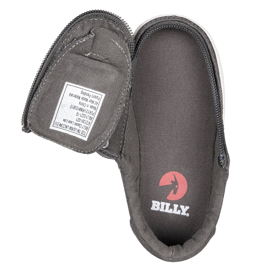 Toddler Dark Grey BILLY Sustainable Lace Lows, zipper shoes, like velcro, that are adaptive, accessible, inclusive and use universal design to accommodate an afo. BILLY Footwear has medium and wide width, M, D and EEE, are comfortable, and come in toddler, kids, mens, and womens sizing.