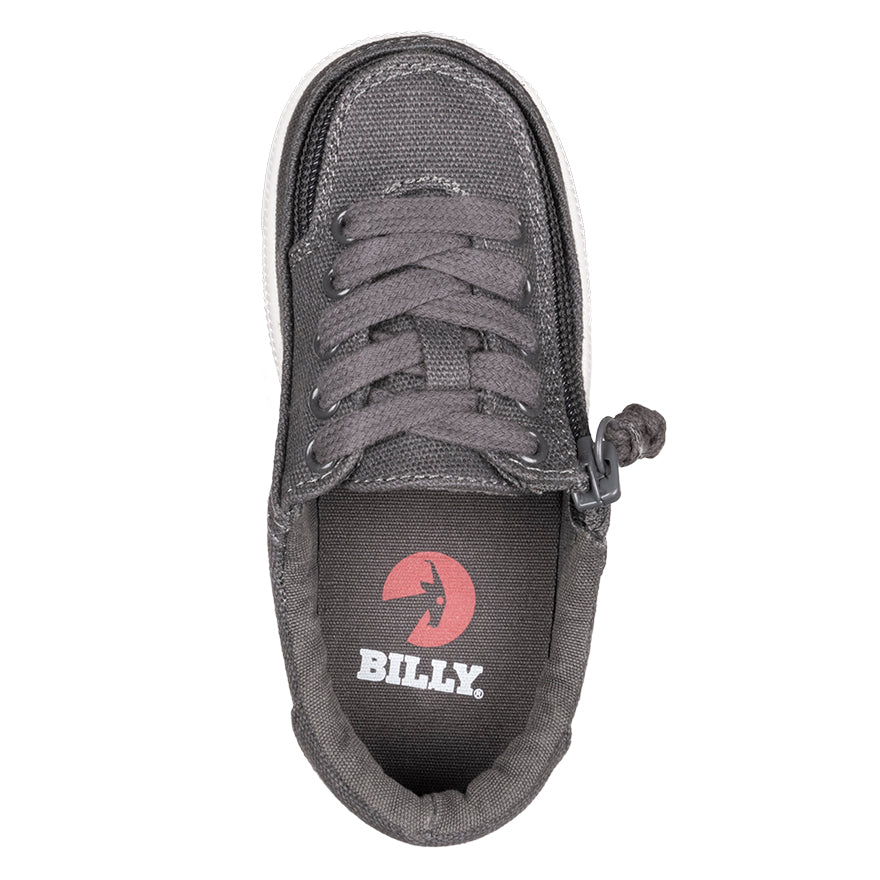 Toddler Dark Grey BILLY Sustainable Lace Lows, zipper shoes, like velcro, that are adaptive, accessible, inclusive and use universal design to accommodate an afo. BILLY Footwear has medium and wide width, M, D and EEE, are comfortable, and come in toddler, kids, mens, and womens sizing.