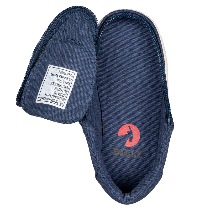 Toddler Navy BILLY Sustainable Lace Lows, zipper shoes, like velcro, that are adaptive, accessible, inclusive and use universal design to accommodate an afo. BILLY Footwear has medium and wide width, M, D and EEE, are comfortable, and come in toddler, kids, mens, and womens sizing.