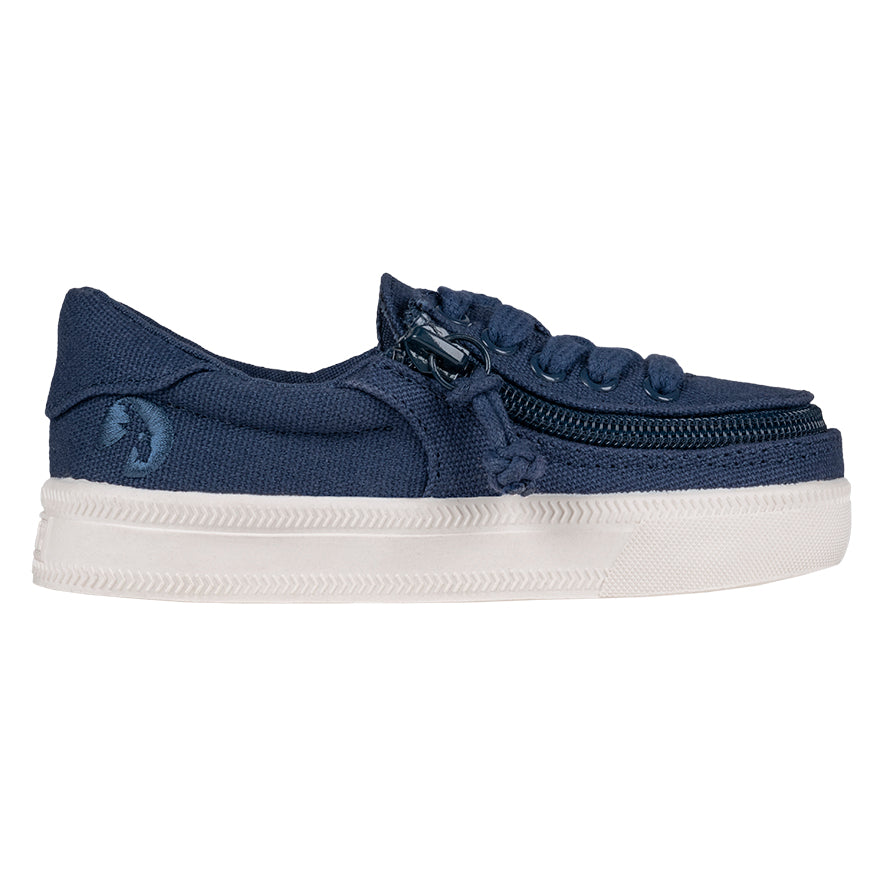 Toddler Navy BILLY Sustainable Lace Lows, zipper shoes, like velcro, that are adaptive, accessible, inclusive and use universal design to accommodate an afo. BILLY Footwear has medium and wide width, M, D and EEE, are comfortable, and come in toddler, kids, mens, and womens sizing.