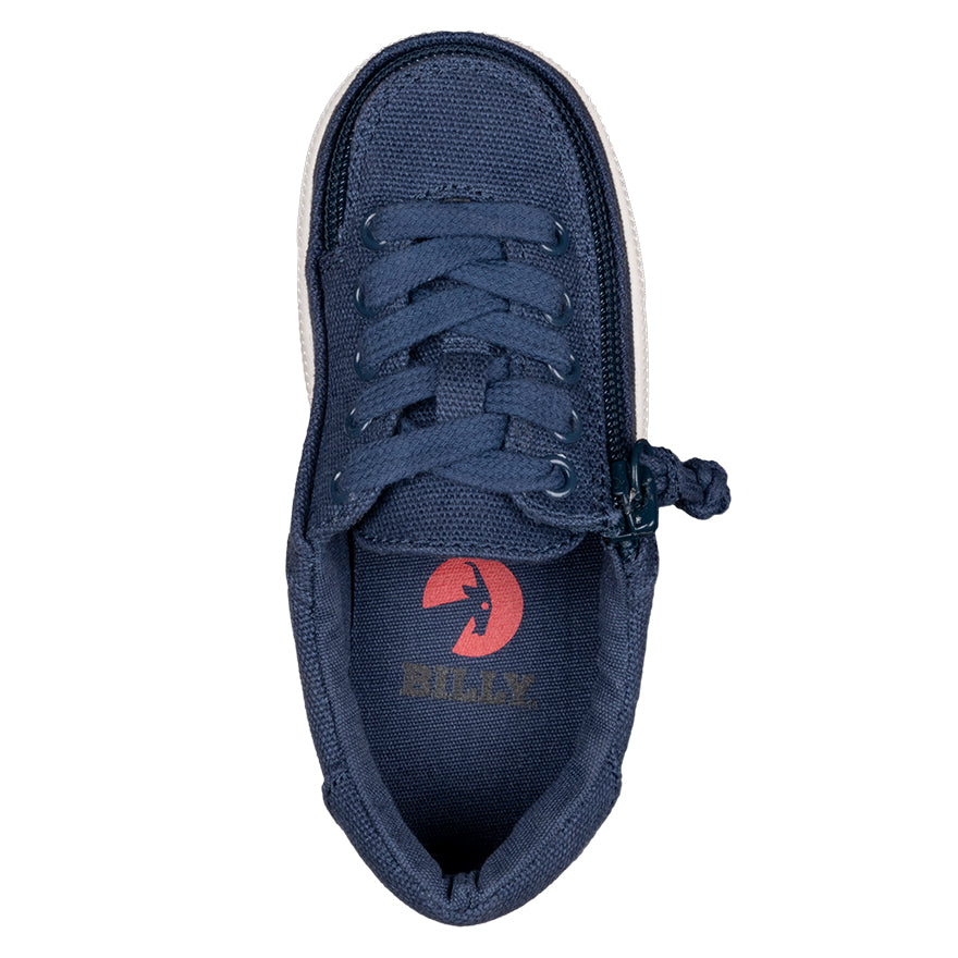 Toddler Navy BILLY Sustainable Lace Lows, zipper shoes, like velcro, that are adaptive, accessible, inclusive and use universal design to accommodate an afo. BILLY Footwear has medium and wide width, M, D and EEE, are comfortable, and come in toddler, kids, mens, and womens sizing.