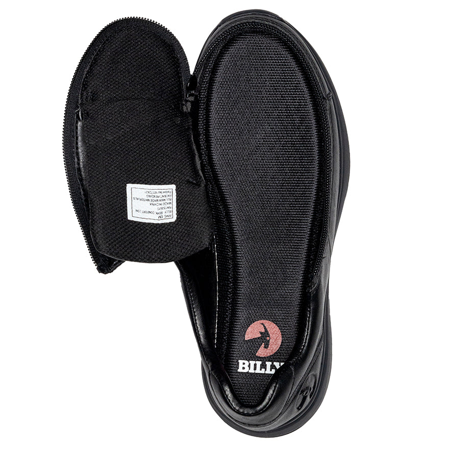 Women's Black to the Floor BILLY Work Comfort Lows, zipper shoes, like velcro, that are adaptive, accessible, inclusive and use universal design to accommodate an afo. Footwear is medium and wide width, M, D and EEE, are comfortable, and come in toddler, kids, mens, and womens sizing.