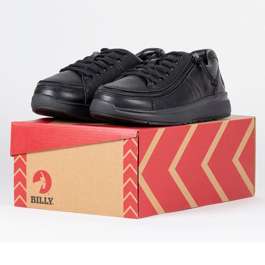 Women's Black to the Floor BILLY Work Comfort Lows, zipper shoes, like velcro, that are adaptive, accessible, inclusive and use universal design to accommodate an afo. Footwear is medium and wide width, M, D and EEE, are comfortable, and come in toddler, kids, mens, and womens sizing.