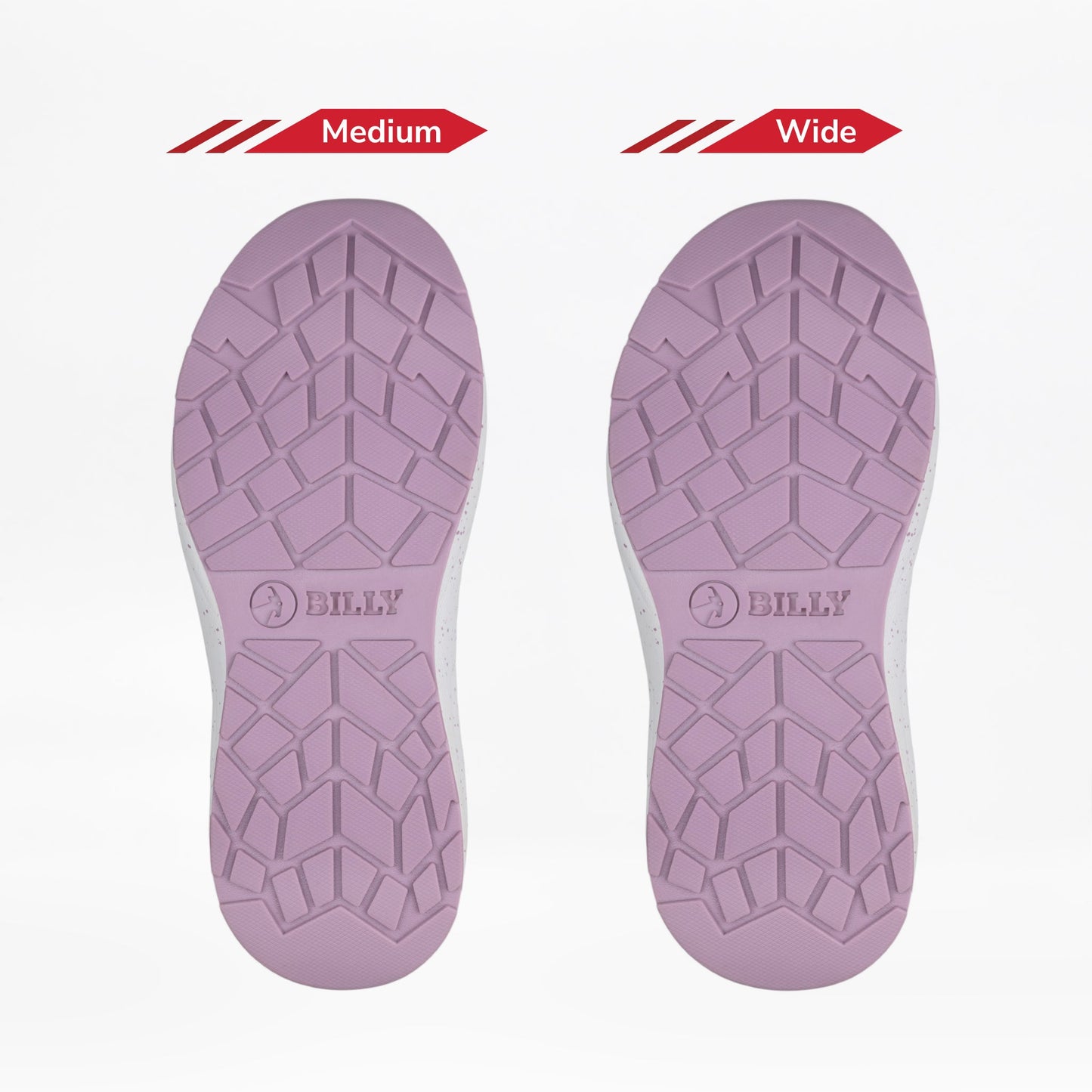 Two mauve soles from the Women's Mauve/White/Plum BILLY Sport Inclusion DZ1 by BILLY Footwear are shown side by side. The left is Medium, the right is Wide, each featuring branding and a circular logo on the sole.