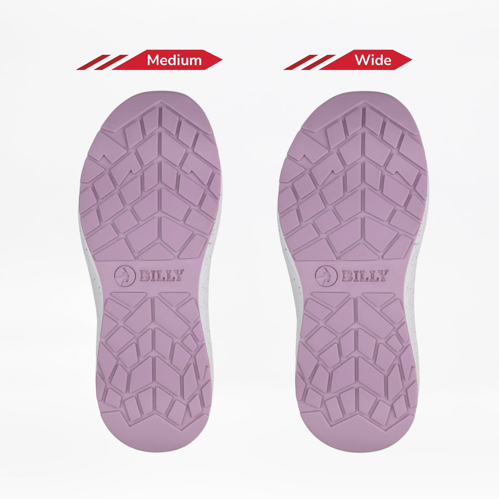 Two mauve soles from the Women's Mauve/White/Plum BILLY Sport Inclusion DZ1 by BILLY Footwear are shown side by side. The left is Medium, the right is Wide, each featuring branding and a circular logo on the sole.