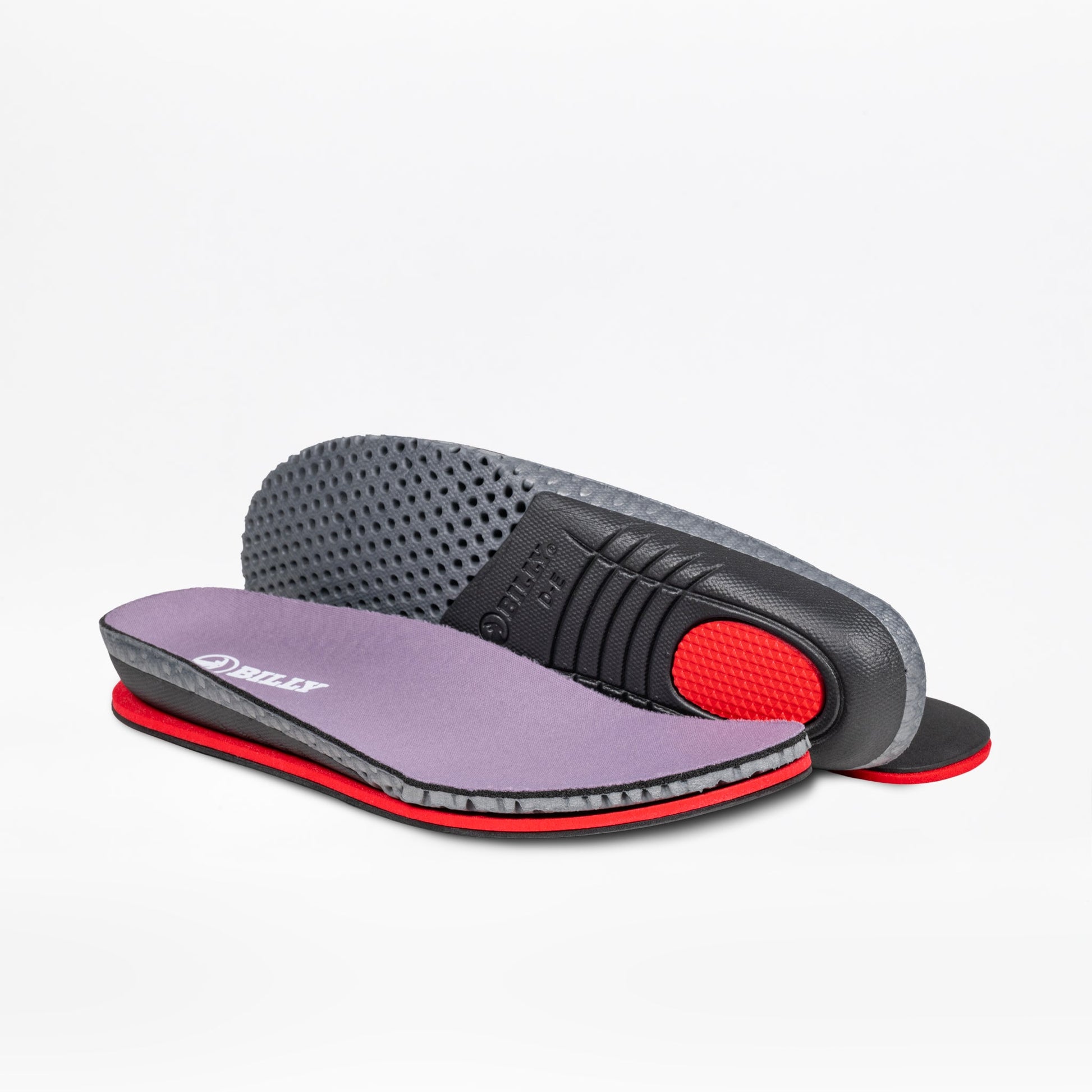 A pair of orthopedic-grade insoles with purple tops, red and black layered edges, and textured gray undersides—perfect for women’s athletic sneakers such as the BILLY Footwear Women’s Mauve/White/Plum Sport Inclusion DZ1.