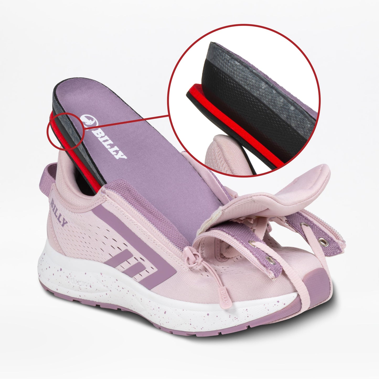 The BILLY Footwear Women's Mauve/White/Plum BILLY Sport Inclusion DZ1 sneaker features a fully removable insole, shown partly lifted with an inset highlighting its layered design and easy removal.