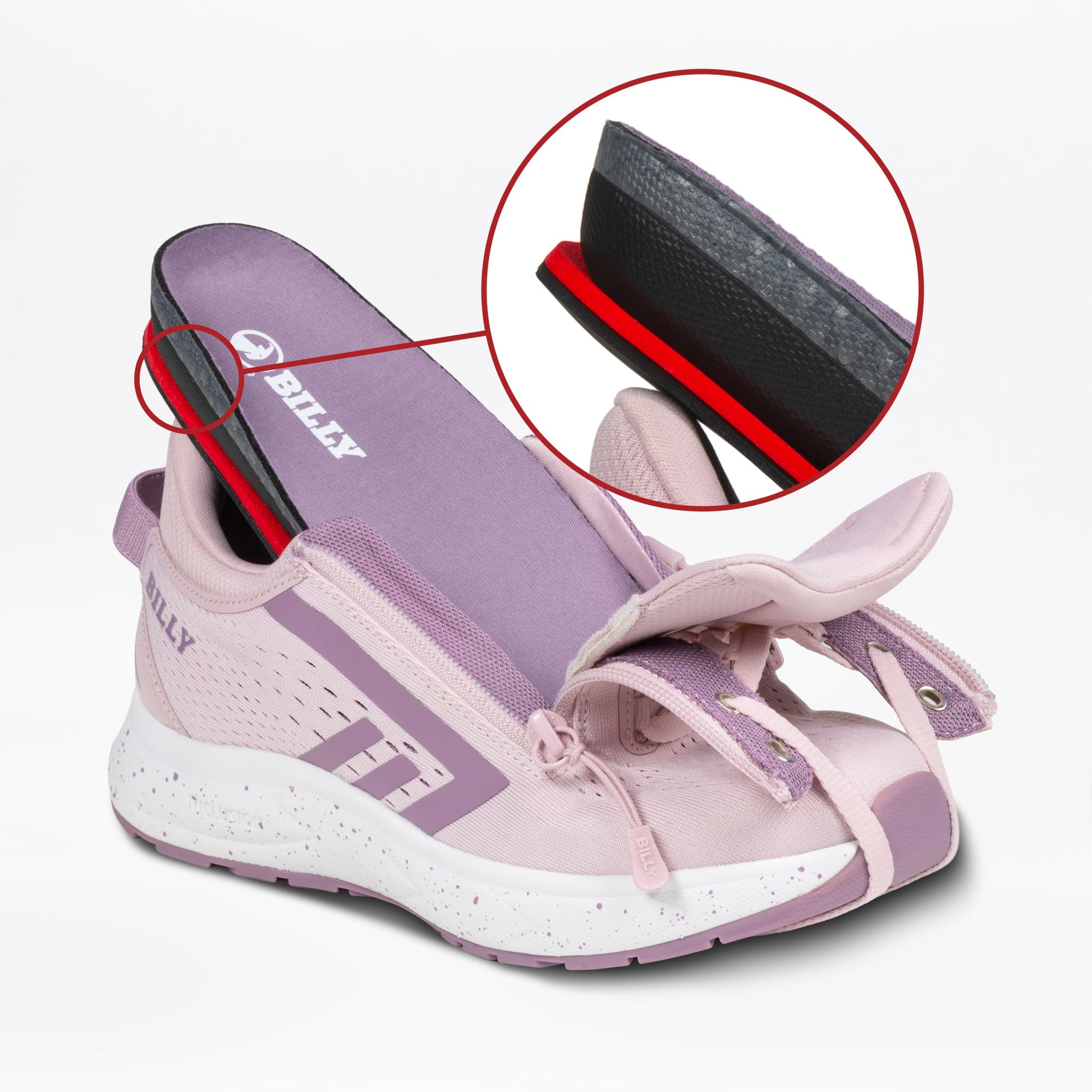 The BILLY Footwear Women's Mauve/White/Plum BILLY Sport Inclusion DZ1 sneaker features a fully removable insole, shown partly lifted with an inset highlighting its layered design and easy removal.