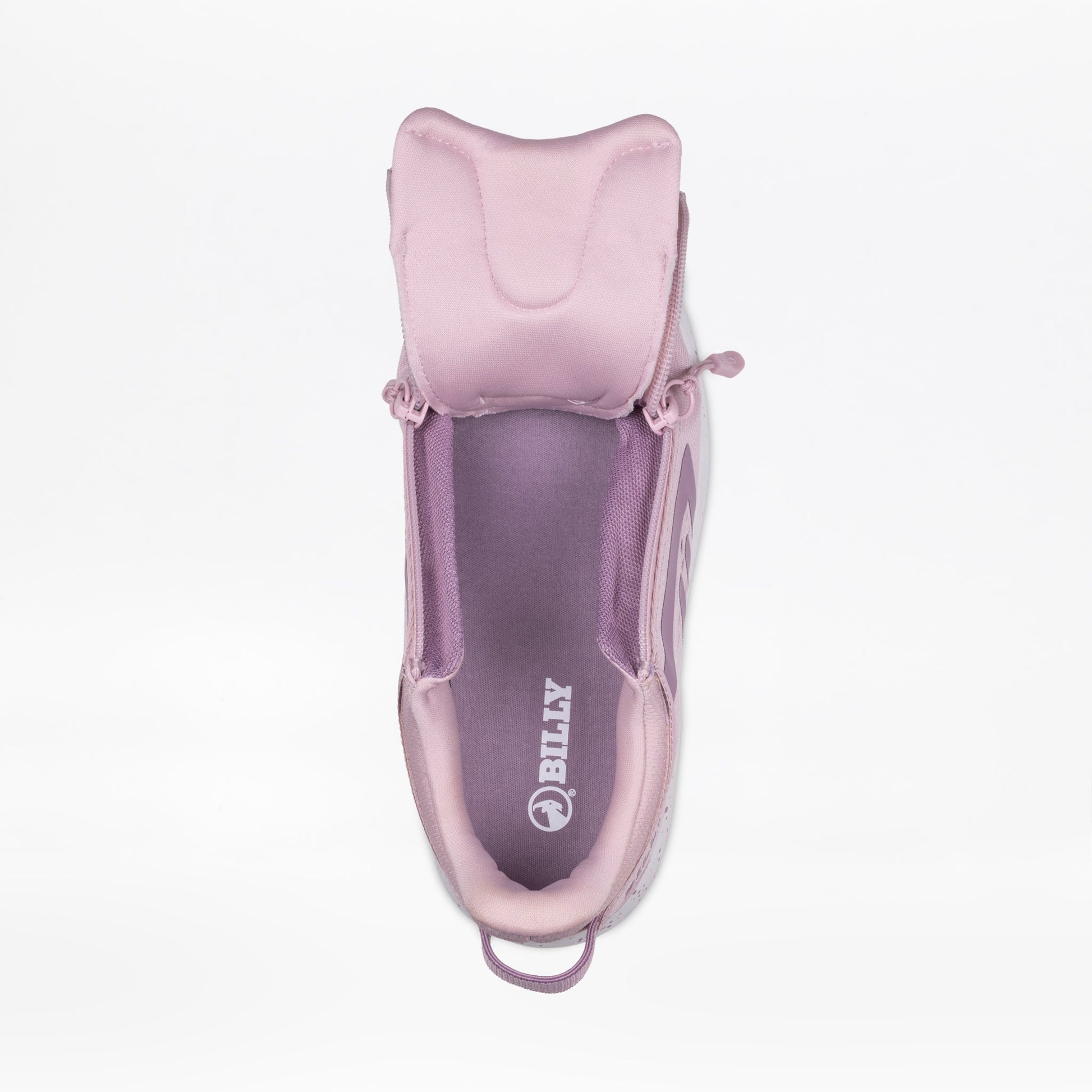 Top view of the Women's Mauve/White/Plum BILLY Sport Inclusion DZ1 by BILLY Footwear, showing an open zipper, folded-down tongue, and purple insole with white BILLY logo—a stylish and functional athletic sneaker with easy-access design.