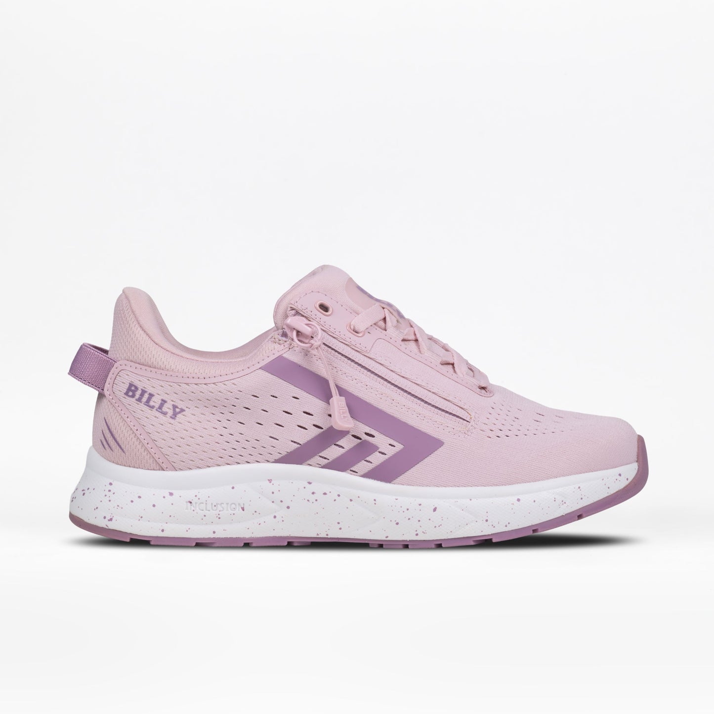 The Women's Mauve/White/Plum BILLY Sport Inclusion DZ1 by BILLY Footwear is a light pink athletic sneaker with lavender accents, perforated sides, double zippers for easy access, and a white speckled midsole with a lavender stripe.