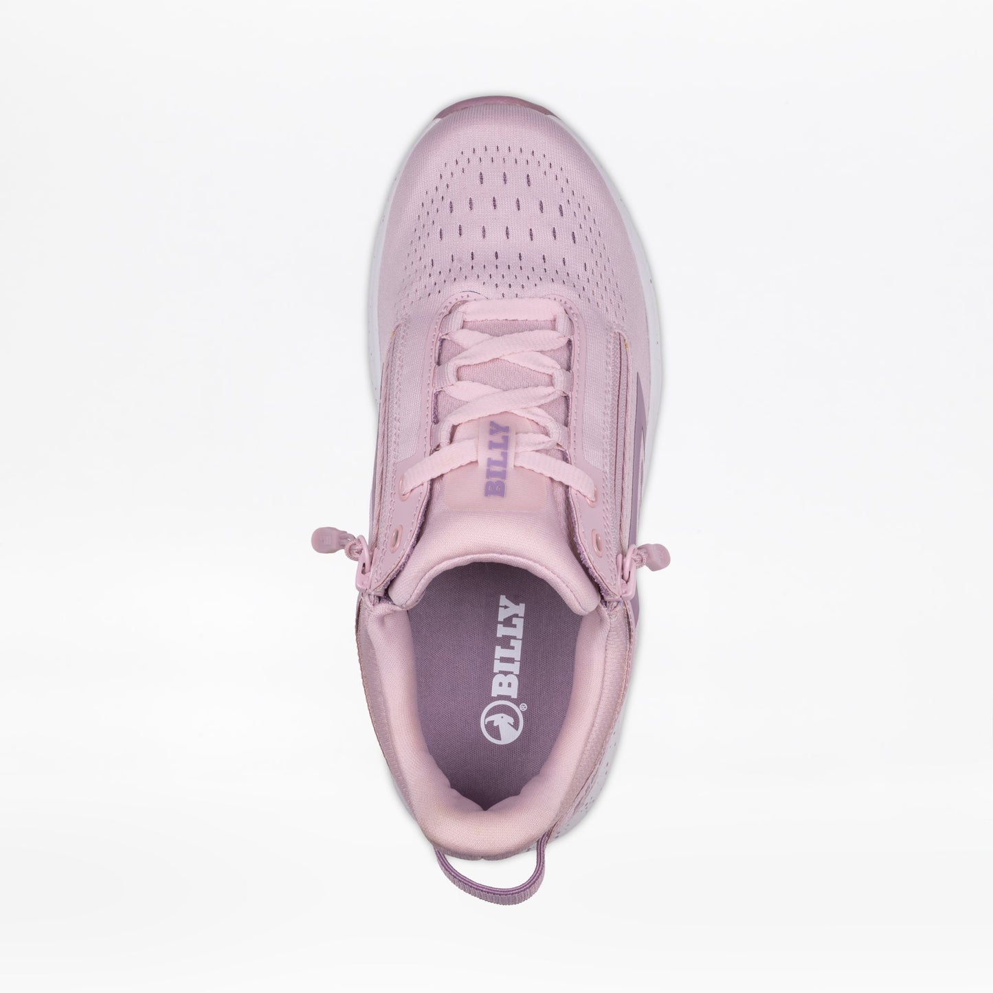 Top view of a single Women's Mauve/White/Plum BILLY Sport Inclusion DZ1 sneaker by BILLY Footwear, featuring a light pink color, zipper closure, no laces, and branded tongue, on a plain white background.