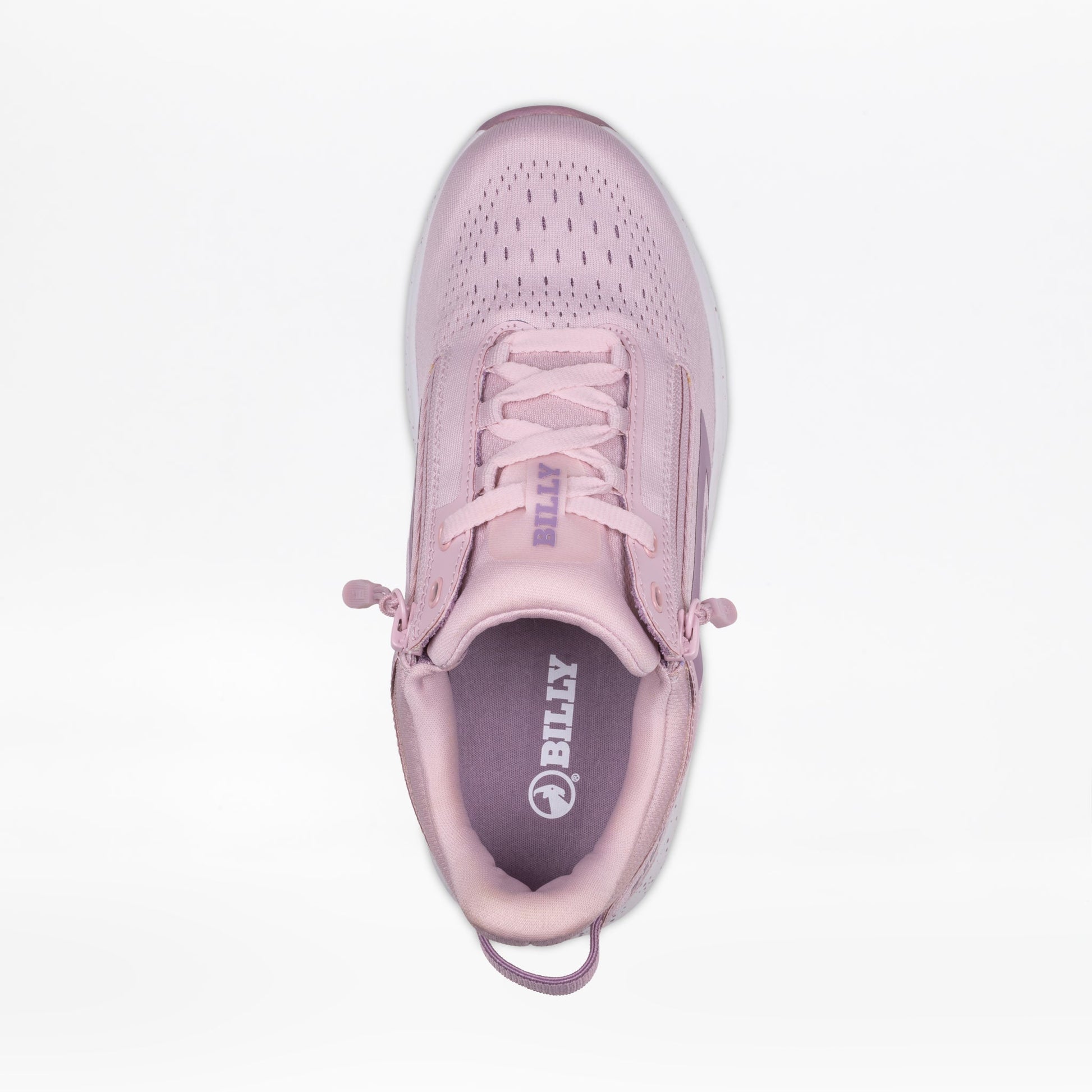 Top view of a single Women's Mauve/White/Plum BILLY Sport Inclusion DZ1 sneaker by BILLY Footwear, featuring a light pink color, zipper closure, no laces, and branded tongue, on a plain white background.