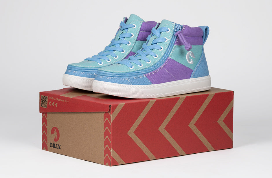 Moon BILLY Street High Tops in blue and purple on a box, ideal shoes for diabetes, plantar fasciitis, bunions, wide feet, orthotics.