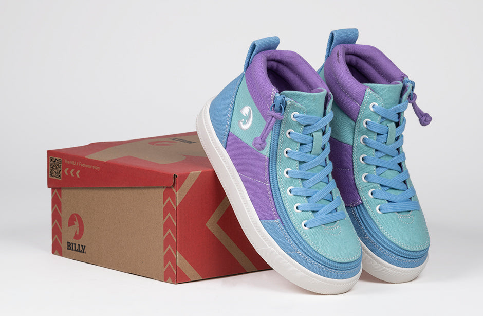 Moon BILLY Street High Tops in blue and purple, ideal shoes for diabetes, plantar fasciitis, bunions, wide feet, and orthotics, with box.