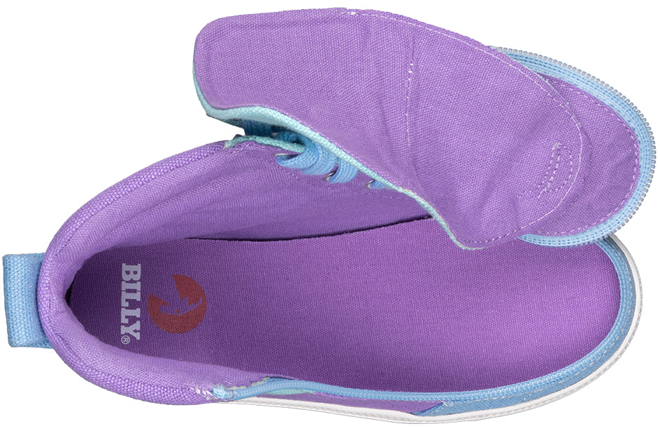 Top view of BILLY Street High Tops in purple with wraparound zipper, ideal for diabetic, plantar fasciitis, and orthotic-friendly needs.