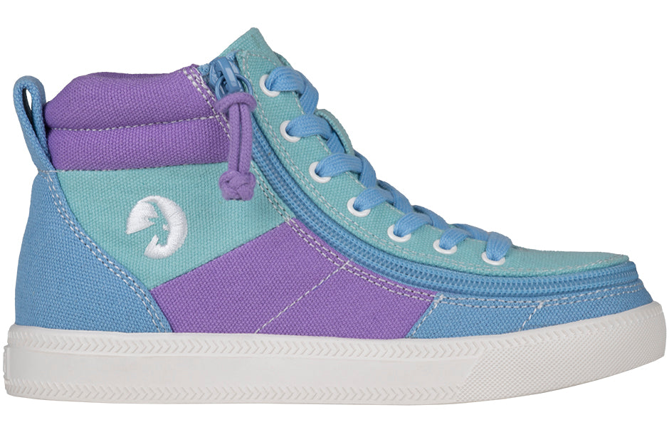 Moon BILLY Street High Tops in blue and purple with zipper, ideal for wide feet, bunions, plantar fasciitis, and orthotics use.
