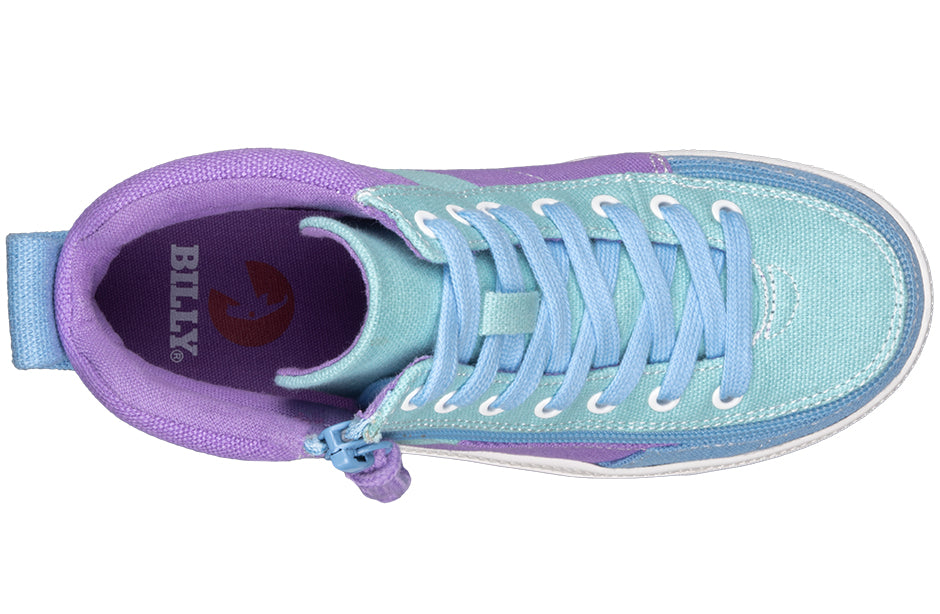 Top view of Moon BILLY Street High Tops, purple and turquoise sneakers with laces and zipper, designed for comfort and versatility.