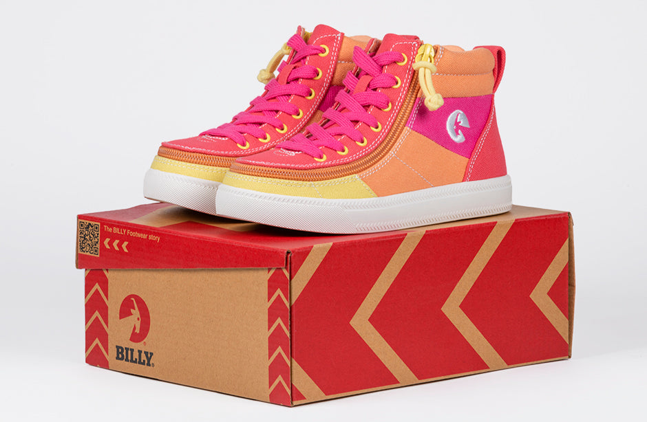 Colorful Sunset BILLY Street High Tops showcasing wraparound zippers on a shoebox, ideal shoes for diabetes, plantar fasciitis, bunions.