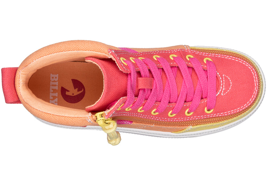 Top view of Sunset BILLY Street High Tops, diabetic-friendly, pink-orange colorblock shoes with laces and zipper, for wide, orthotic feet.