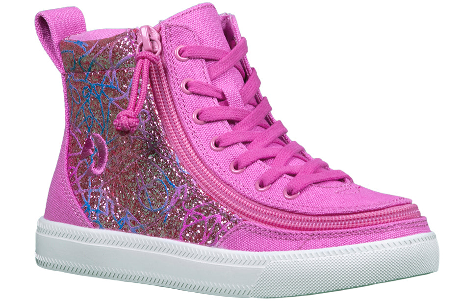 Kid's Pink Printed Canvas BILLY Classic Lace Highs, zipper shoes, like velcro, that are adaptive, accessible, inclusive and use universal design to accommodate an afo. Footwear is medium and wide width, M, D and EEE, are comfortable, and come in toddler, kids, mens, and womens sizing.