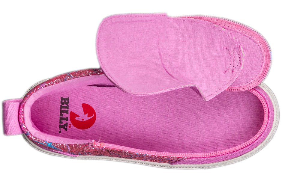 Kid's Pink Printed Canvas BILLY Classic Lace Highs, zipper shoes, like velcro, that are adaptive, accessible, inclusive and use universal design to accommodate an afo. Footwear is medium and wide width, M, D and EEE, are comfortable, and come in toddler, kids, mens, and womens sizing.