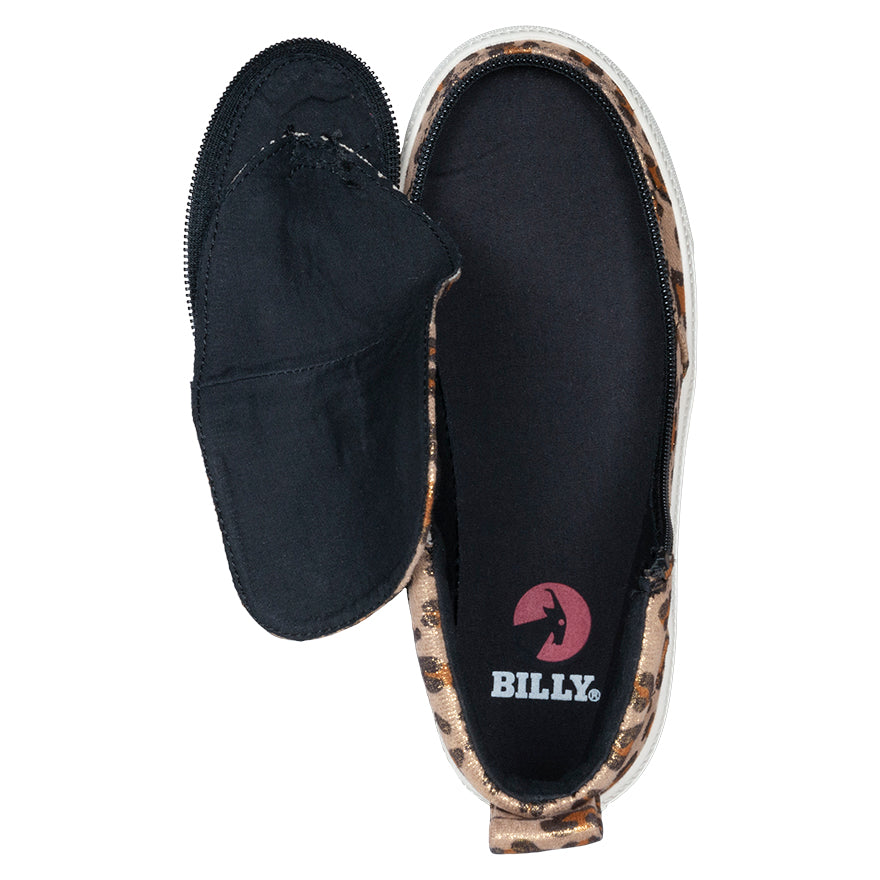 Kid's Leopard Shimmer BILLY Classic Lace Highs, zipper shoes, like velcro, that are adaptive, accessible, inclusive and use universal design to accommodate an afo. Footwear is medium and wide width, M, D and EEE, are comfortable, and come in toddler, kids, mens, and womens sizing.