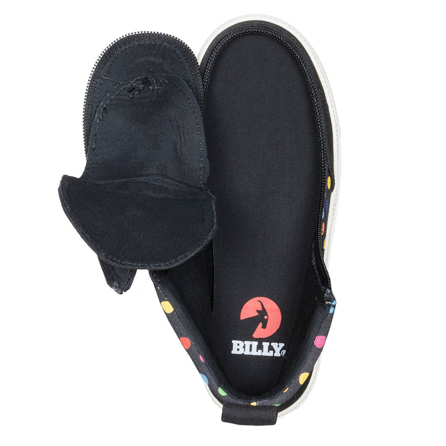 Open view of Kid's Black Polka BILLY Classic Lace Highs,  zipper shoes, like velcro, that are adaptive, accessible, inclusive and use universal design to accommodate an afo. BILLY Footwear is medium and wide width, M, D and EEE, are comfortable, and come in toddler, kids, mens, and womens sizing.